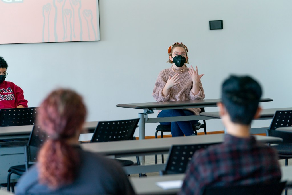 February 9, 2022 - Dr. Emma Fredrick and Honor Seminad Students during a discussion of "Good Trouble: Fighting for Change." The School of Social and Behavioral Sciences Common Read Event 'Conversations About Race that Need to Happen' at the Student Center River Rooms. This event was held during Black History Month.  Photo by Carlo de Jesus/Marist College